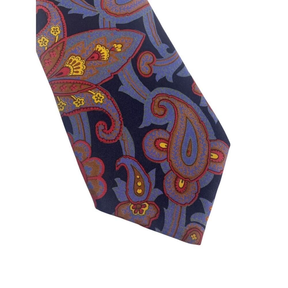 Lands End Silk Tie Blue Gold Red Paisley Hand Sewn Preppy Coastal Old Money